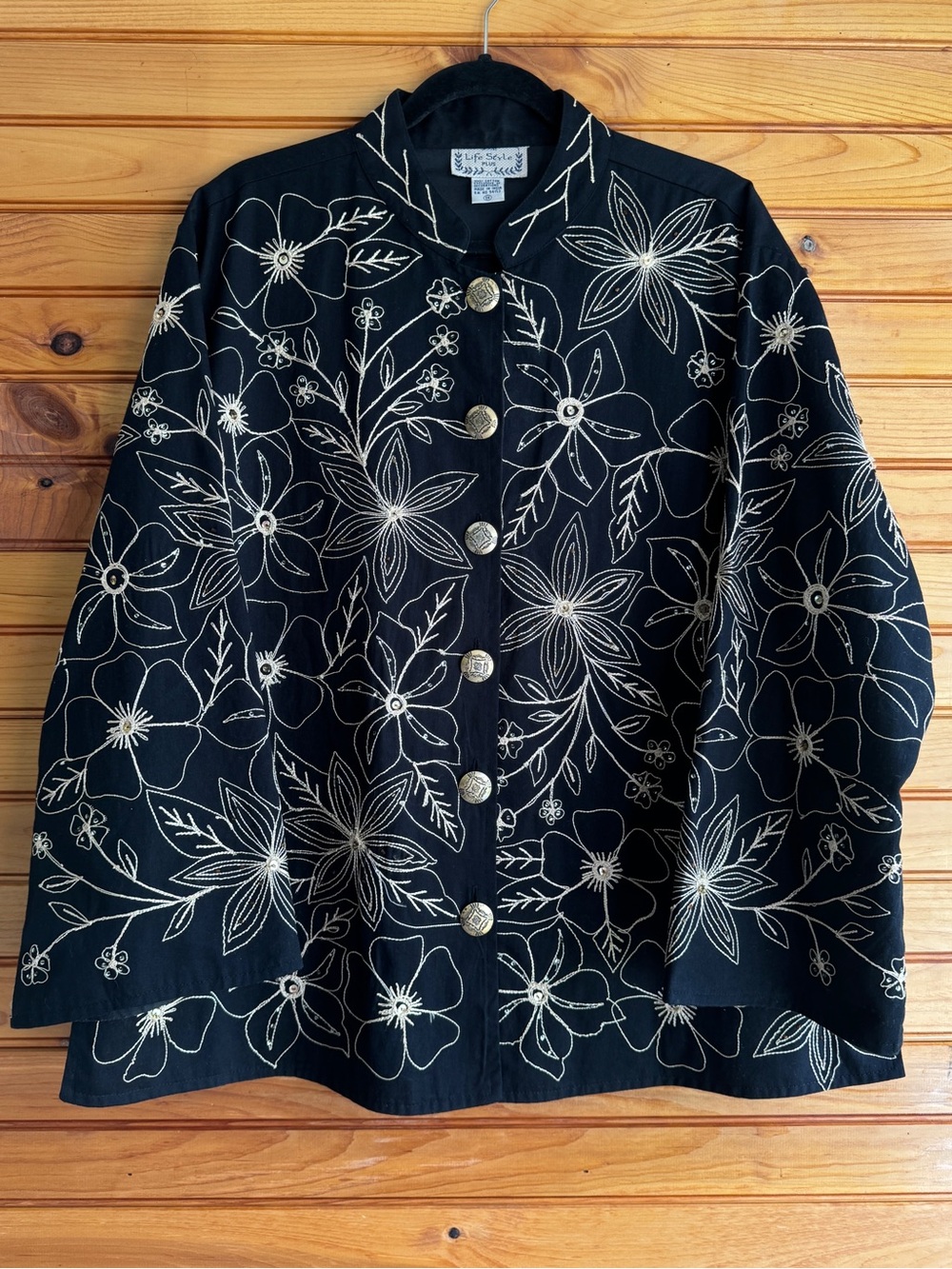 Embroidered Floral Jacket 1X Black Gold Beaded Boho Art to Wear Maximalist